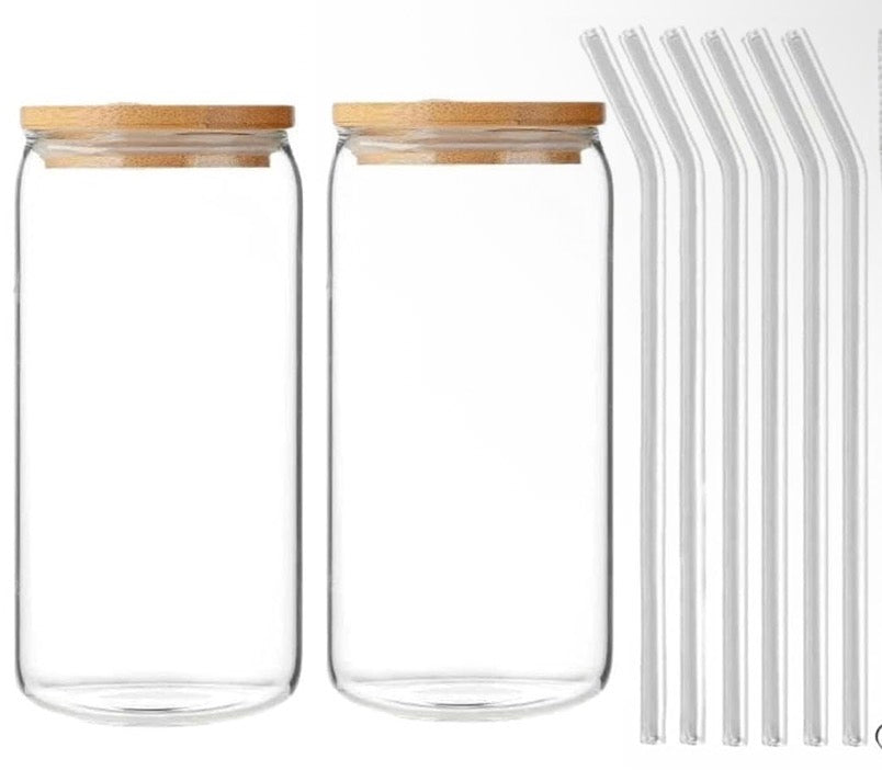 Glass cup with lid and straw